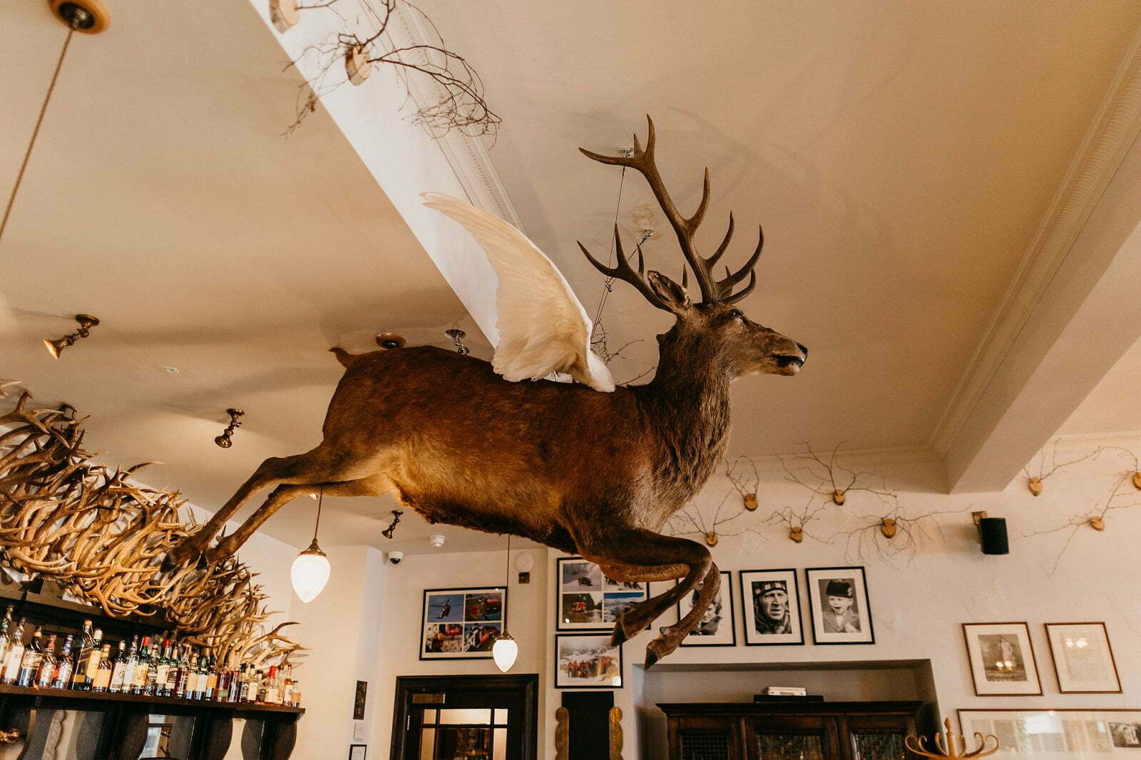 fife arms hotel braemar reception area luxury boutique hotel flying stag hanging from ceiling