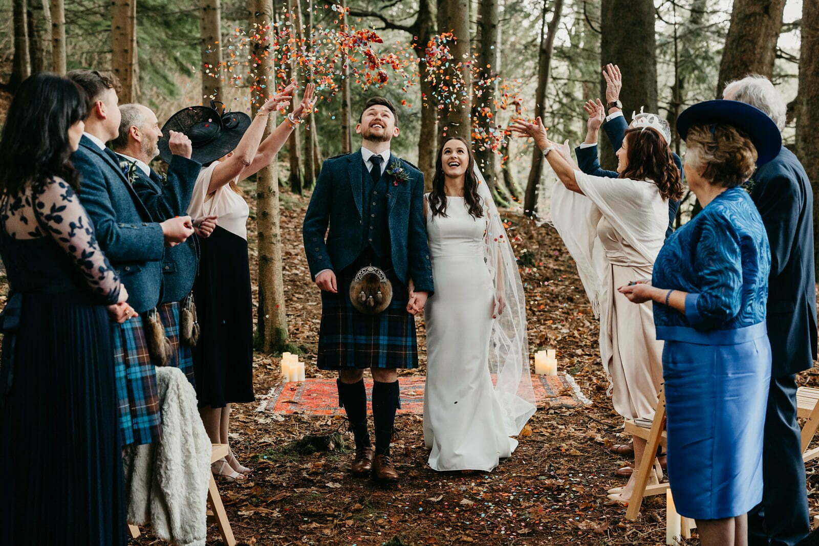 micro wedding planner scotland at glen dye estate and cabins luxury woodland wedding ceremony aberdeenshire bride groom confetti throw