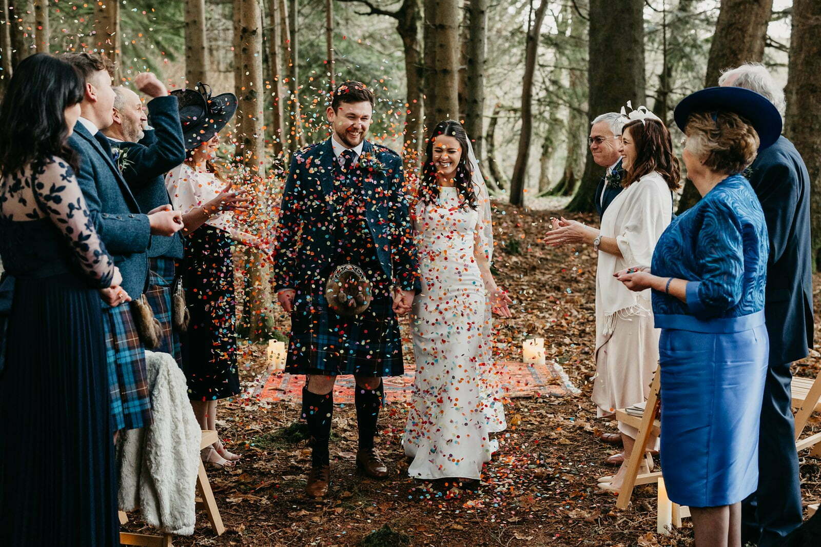 micro wedding planner scotland at glen dye estate and cabins luxury woodland wedding ceremony aberdeenshire bride groom confetti throw