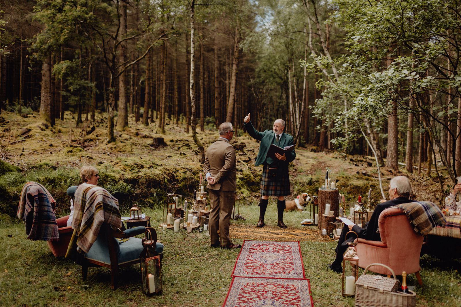 Glencoe elopement Scotland outdoor humanist ceremony with rugs and chairs styling by we are gloam rustic quirky romantic wedding setup