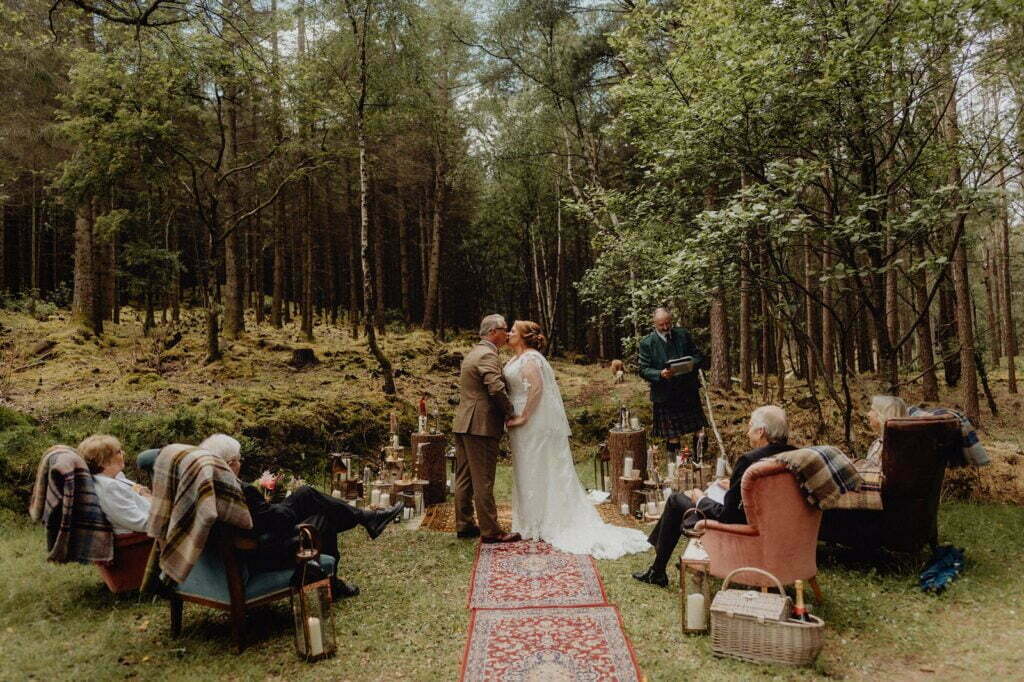 lochan Glencoe elopement Scotland outdoor humanist ceremony with rugs and chairs styling by we are gloam rustic quirky romantic wedding setup