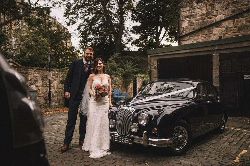 edinburgh botanic garden elopement bride groom classic car