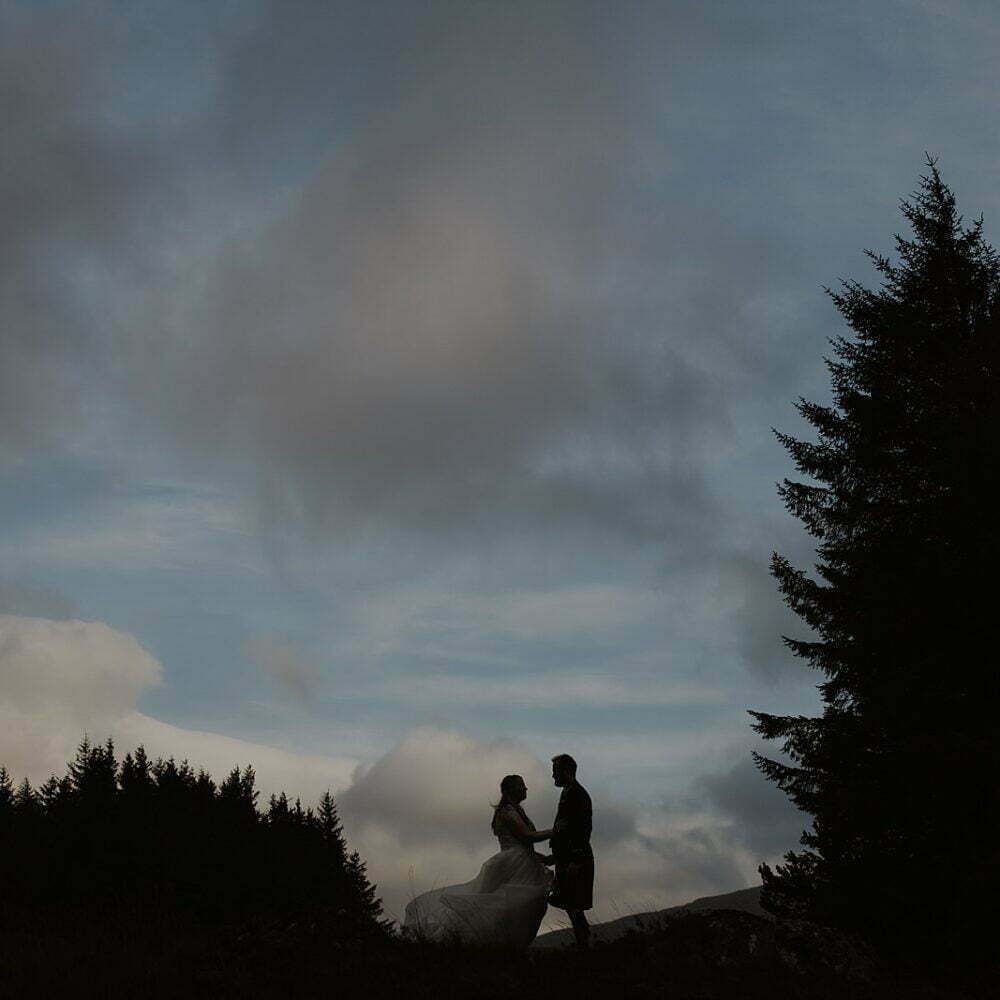 glencoe elopement photography bride groom fir trees