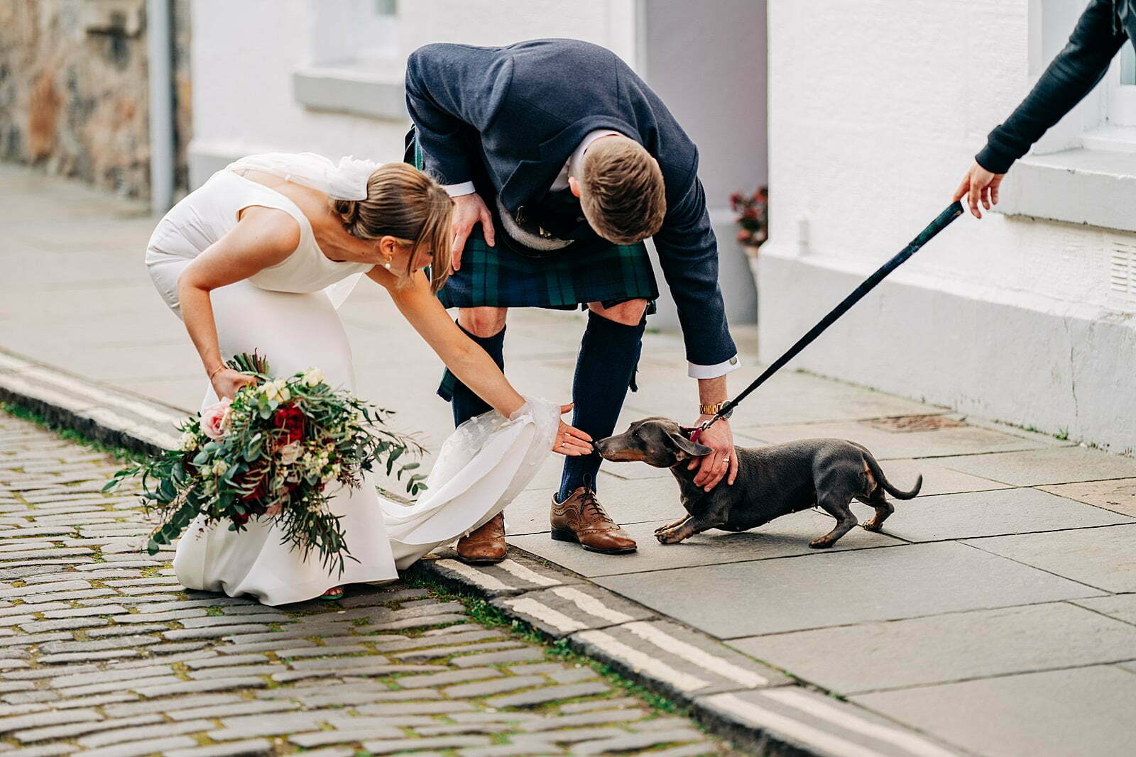 colourful forgans micro wedding bride groom st andrews cobbled street sausage dog couples portrait