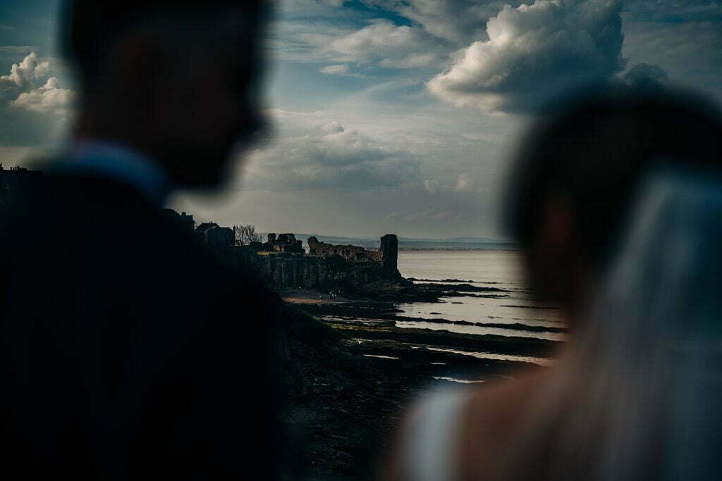 colourful forgans micro wedding bride groom st andrews coastal view couples portrait