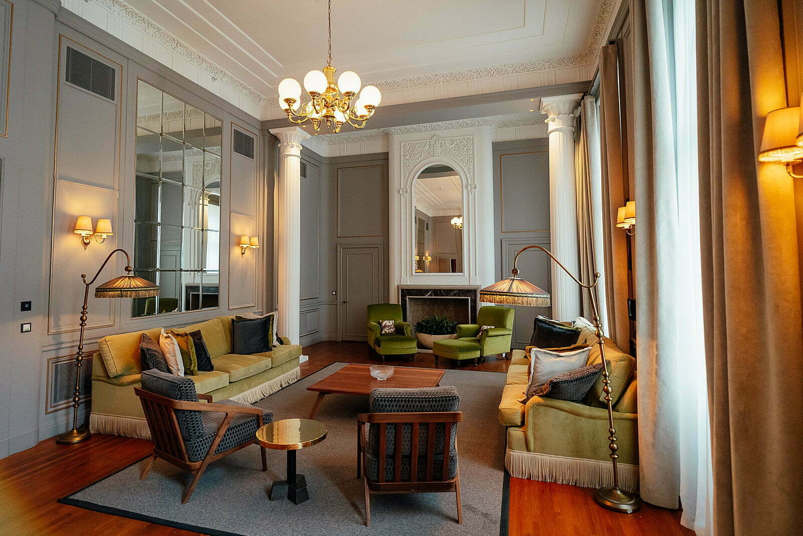 cheval edinburgh grand interior suite panelled walls velvet sofas chaise lounge ornate coving