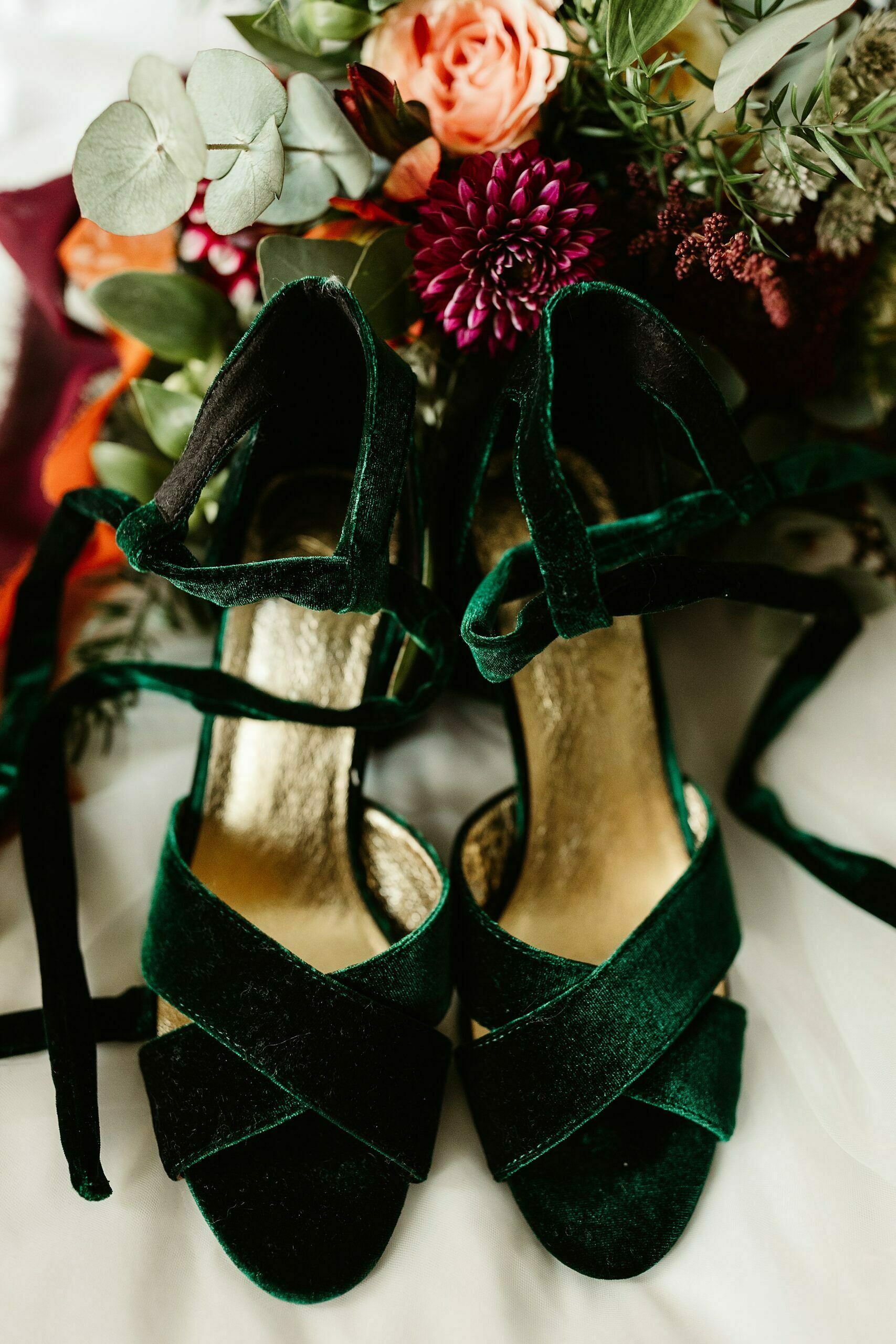 romantic autumnal micro wedding, green velvet wedding shoes, platter + pop bridal bouquet