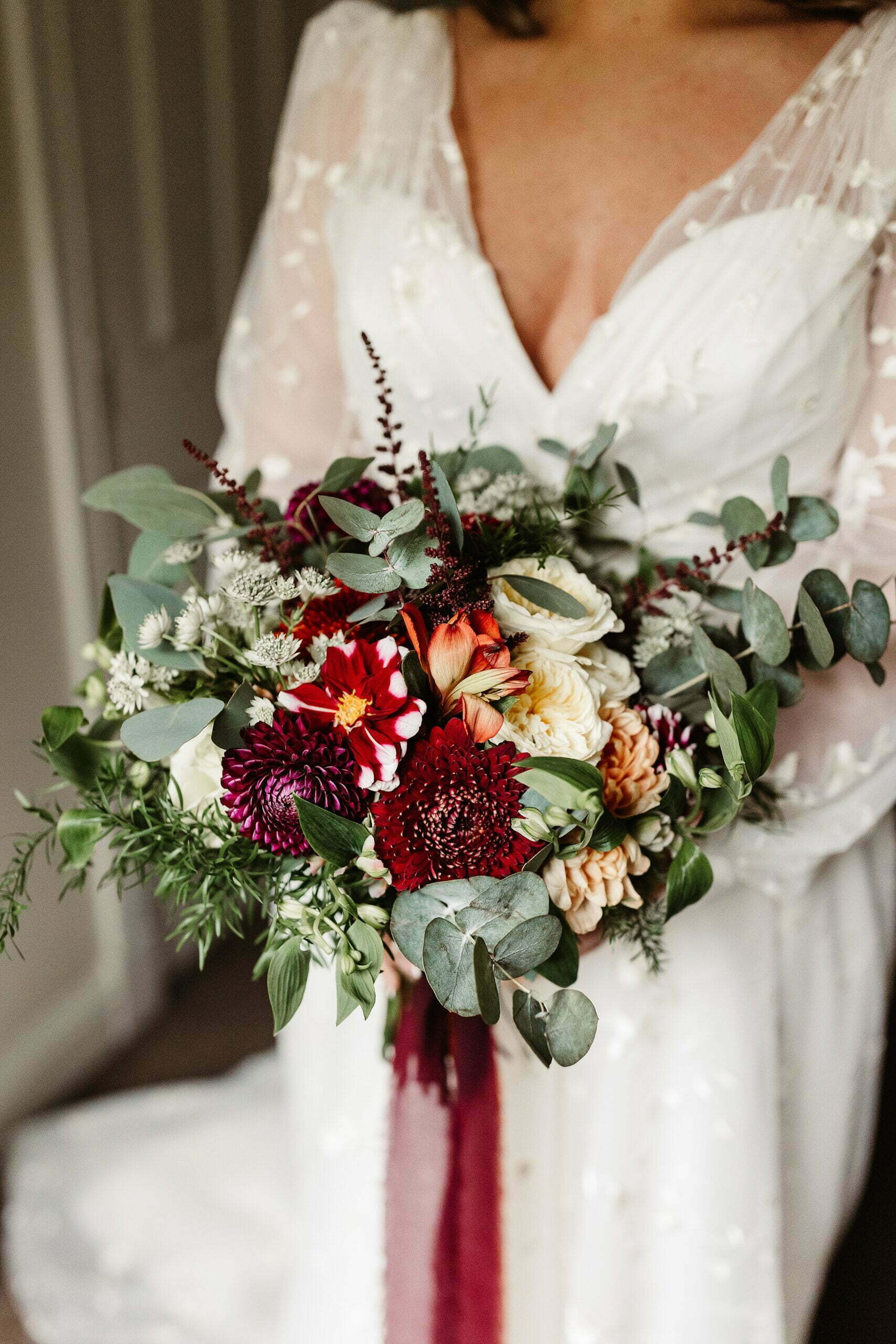 romantic autumnal micro wedding, platter + pop plum and burgundy coloured bridal bouquet